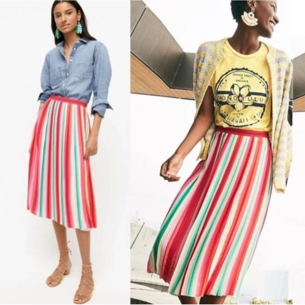 J.CREW Skirt 8 Sunburst Pleated Lightweight Watermelon Stripe Colorful Flowy NWT